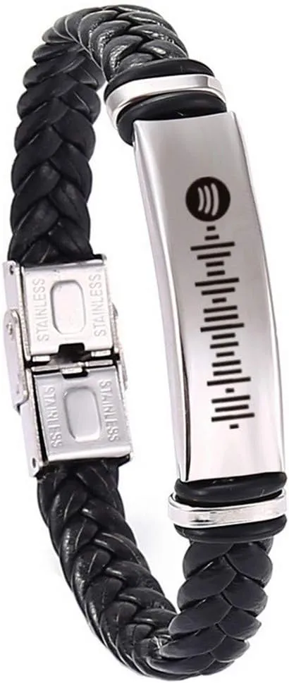 Personalized Spotify Code Bracelet for Men & Women, Stainless Steel Braided Leather Music Bar Bracelets with Name & Date Code Engraved Cuff Bangle for Couples & Lovers