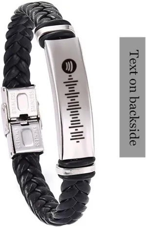 Personalized Spotify Code Bracelet for Men & Women, Stainless Steel Braided Leather Music Bar Bracelets with Name & Date Code Engraved Cuff Bangle for Couples & Lovers