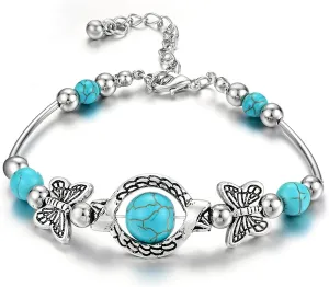 Pingyongchang Boho Turquoise Western Bracelet for Women Set Butterfly Turquoise Bracelet Pendant Indian Vintage Jewelry Accessories