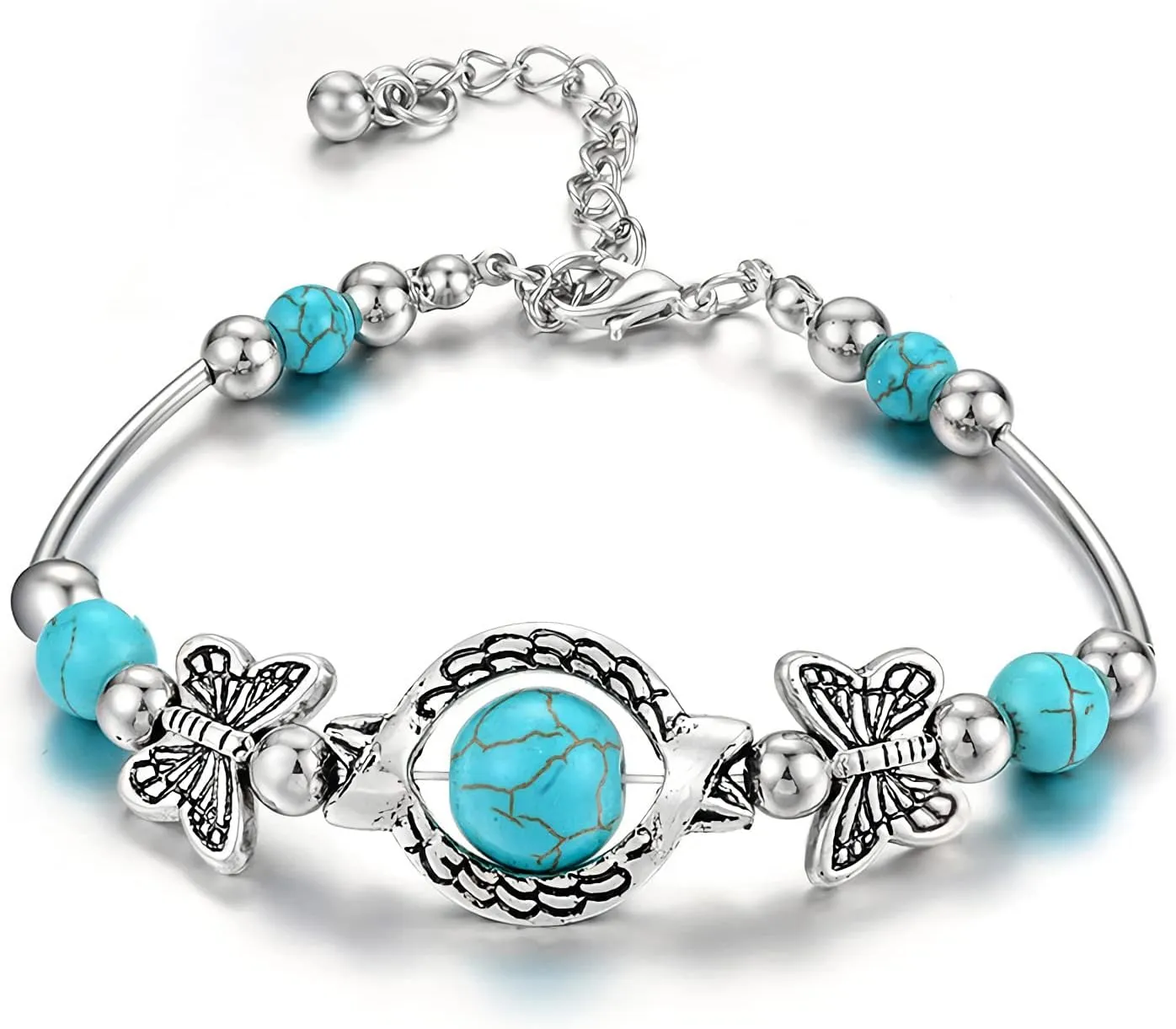 Pingyongchang Boho Turquoise Western Bracelet for Women Set Butterfly Turquoise Bracelet Pendant Indian Vintage Jewelry Accessories