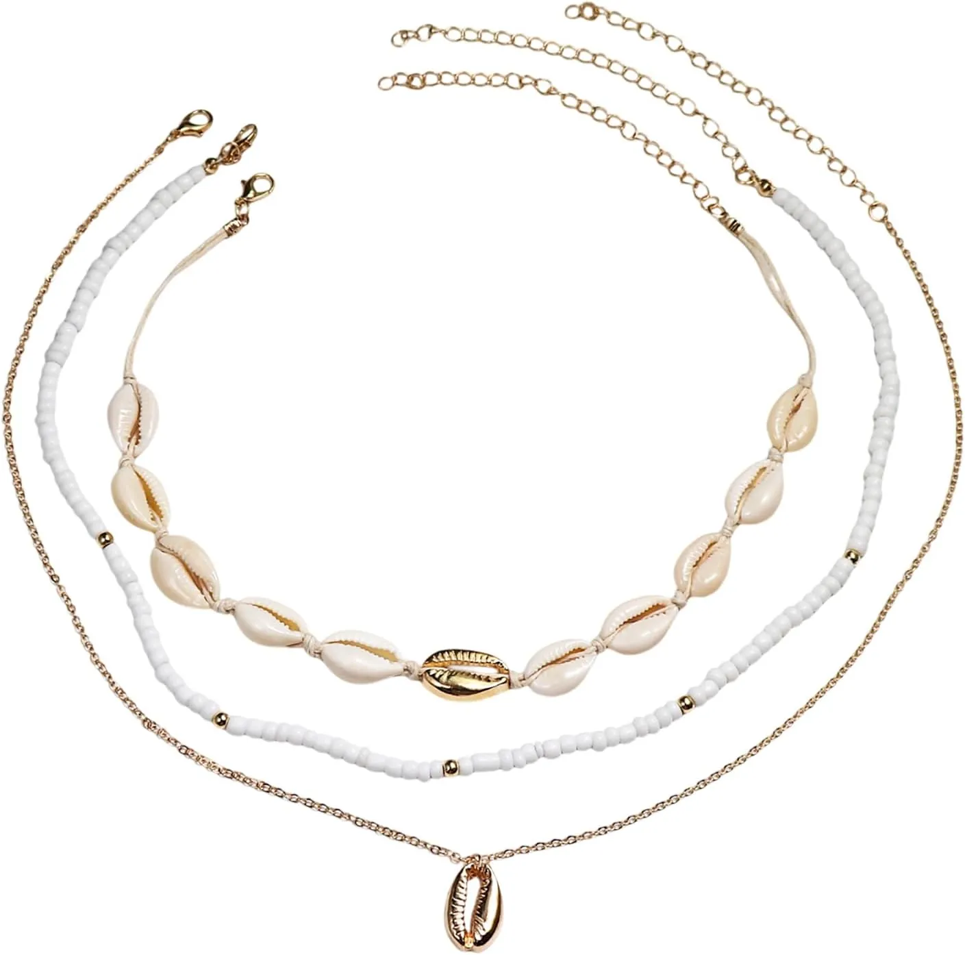 Pingyongchang Cowrie Shell Necklace for Women Ocean Wind Shell Imitation Pearl Necklace Set Rice Beads Shell Beach Necklace Layered Sea Shell Beads Choker Necklace for Women Summer Beach Jewelry
