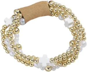 Pingyongchang Gold Beads Stackable Cross Bracelets for Women Boho Handmade Imitation Pearl Cross Beaded Elastic Stretch Bracelet Friendship Jewelry Gift