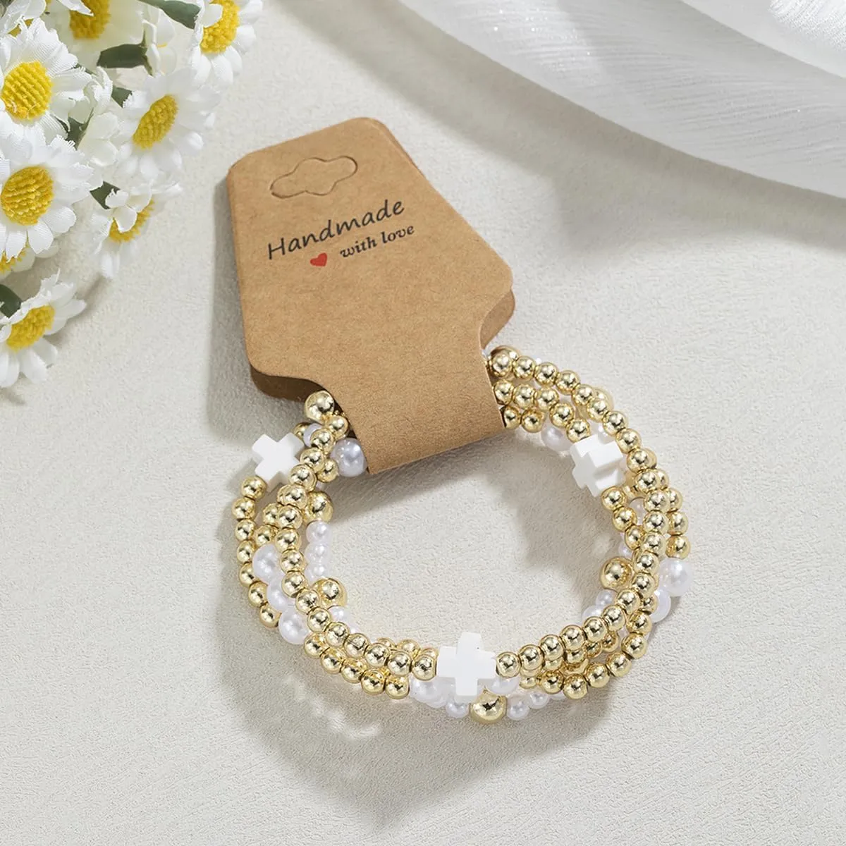 Pingyongchang Gold Beads Stackable Cross Bracelets for Women Boho Handmade Imitation Pearl Cross Beaded Elastic Stretch Bracelet Friendship Jewelry Gift