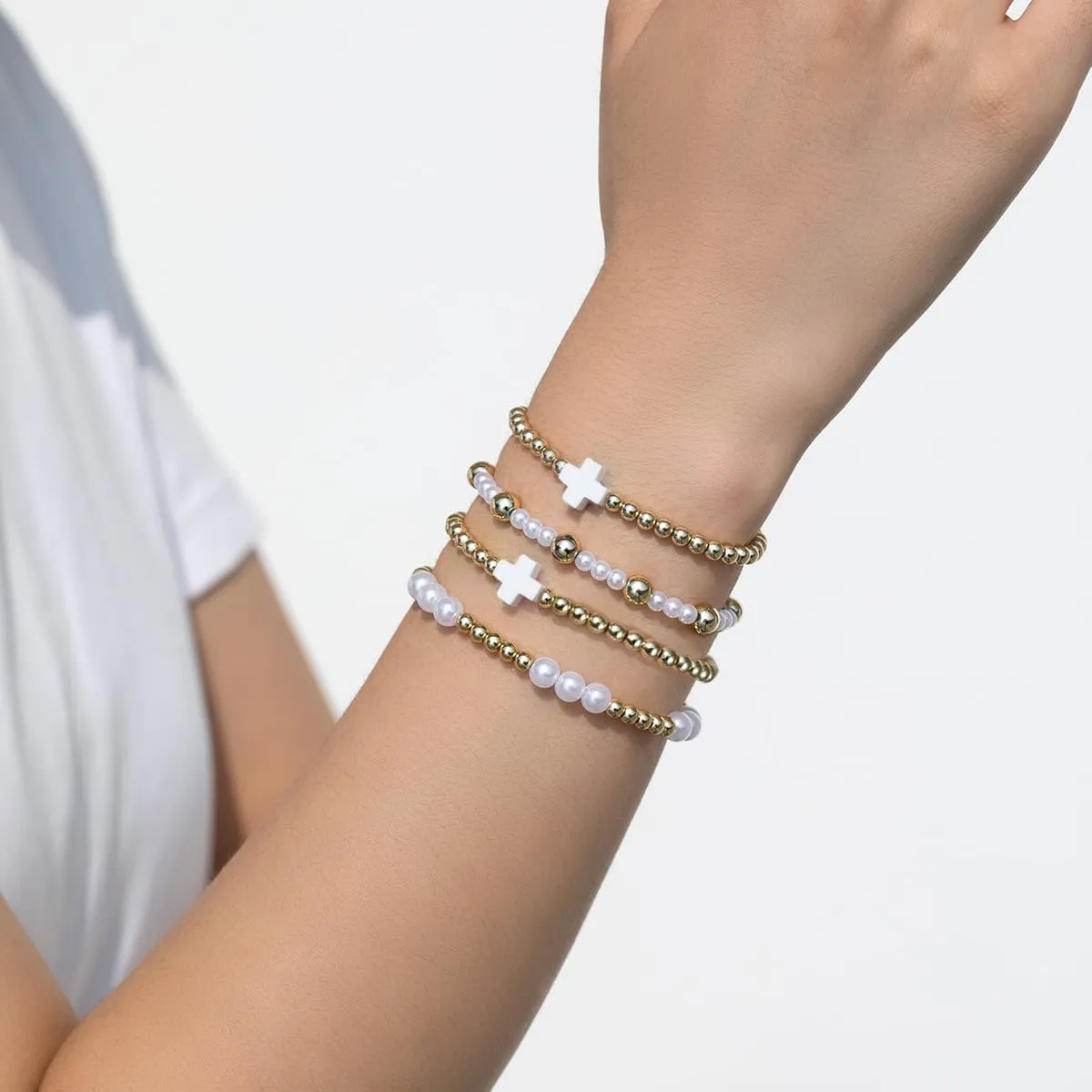 Pingyongchang Gold Beads Stackable Cross Bracelets for Women Boho Handmade Imitation Pearl Cross Beaded Elastic Stretch Bracelet Friendship Jewelry Gift