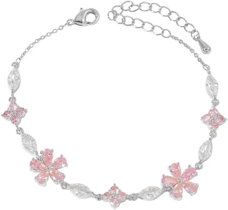 Pink Crystal Cherry Blossom Flower Chain Link Bracelet For Women Gold Silver Plated Fashion Cute Delicate CZ Petal Floral Sakura Bangle Bracelets Adjustable Sweet Dainty Fine Jewelry Gifts For Her