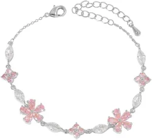 Pink Crystal Cherry Blossom Flower Chain Link Bracelet For Women Gold Silver Plated Fashion Cute Delicate CZ Petal Floral Sakura Bangle Bracelets Adjustable Sweet Dainty Fine Jewelry Gifts For Her