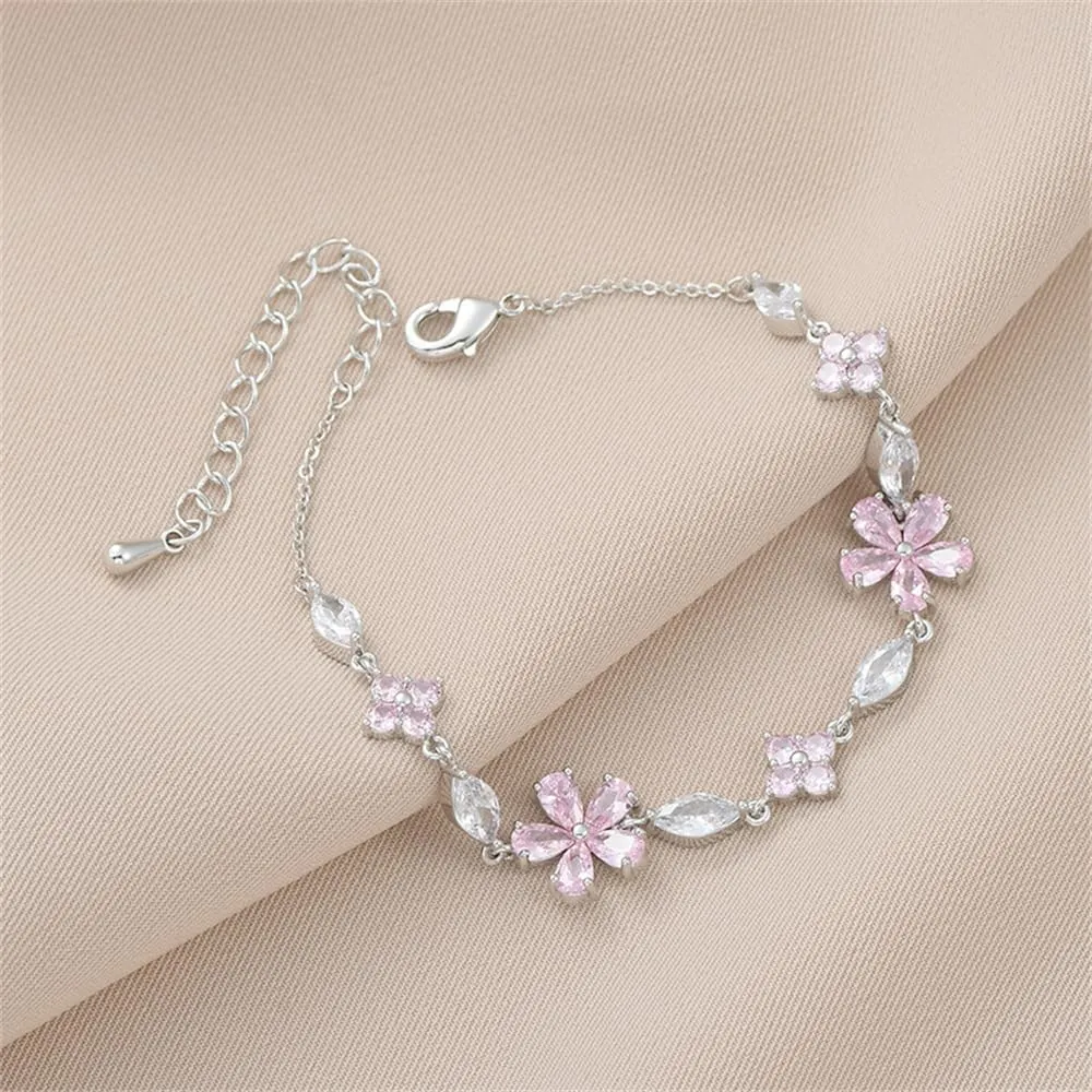 Pink Crystal Cherry Blossom Flower Chain Link Bracelet For Women Gold Silver Plated Fashion Cute Delicate CZ Petal Floral Sakura Bangle Bracelets Adjustable Sweet Dainty Fine Jewelry Gifts For Her
