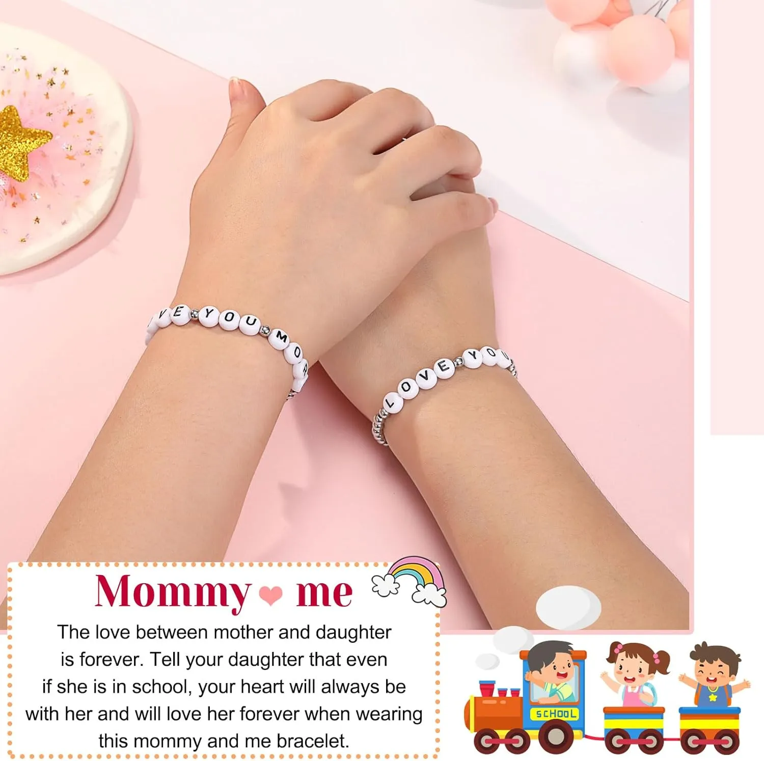 PINKDODO Back to School Gifts Silver Beads Mother Daughter First Day of School Bracelets