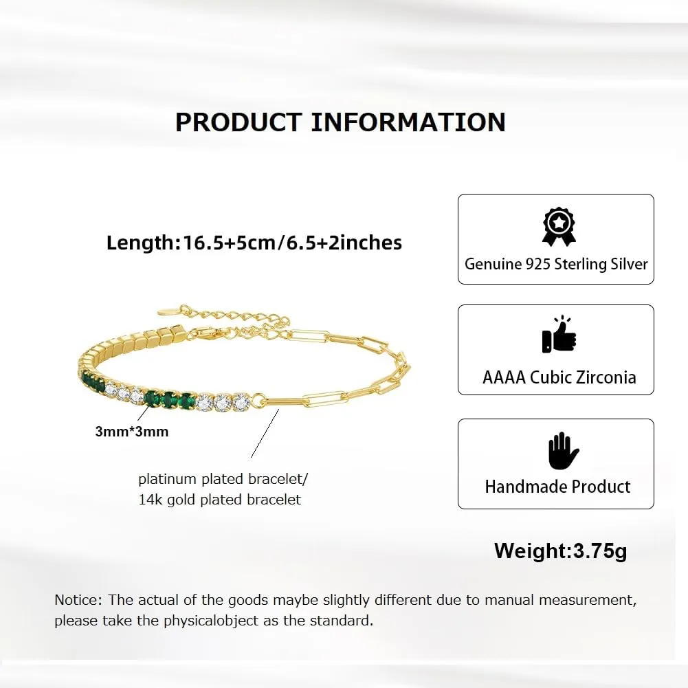 Platinum/14k Gold Plated 925 Sterling Silver Paperclip Link Chain Bracelet & Cubic Zirconia Tennis Bracelet for Women, Infinite Adjustable CZ Bracelets