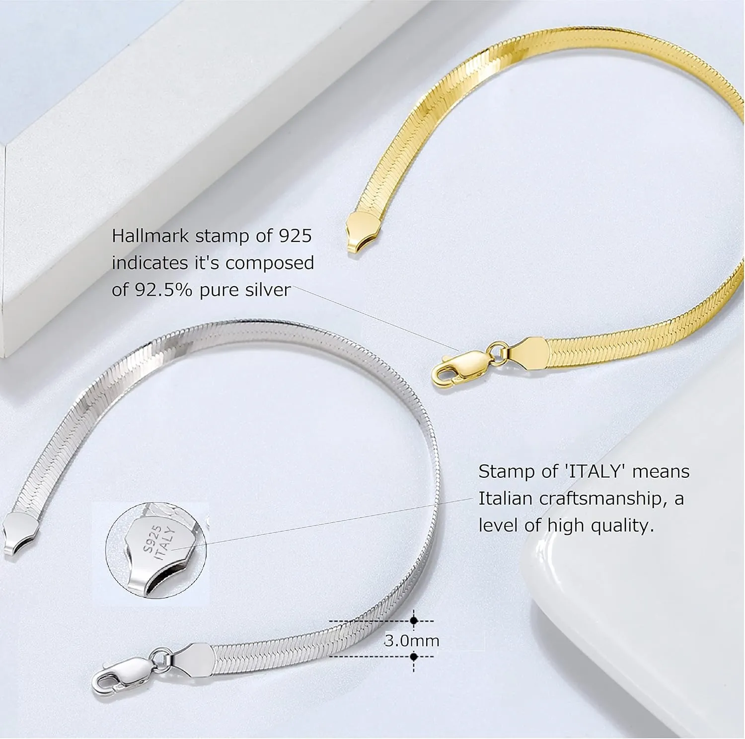 Platinum/Gold Plated 925 Sterling Silver Dainty Snake Bone Bracelet for Women, Tiny Sideways Cross Bracelets Layered Herringbone Chain Bracelet Handmade Jewelry Gift