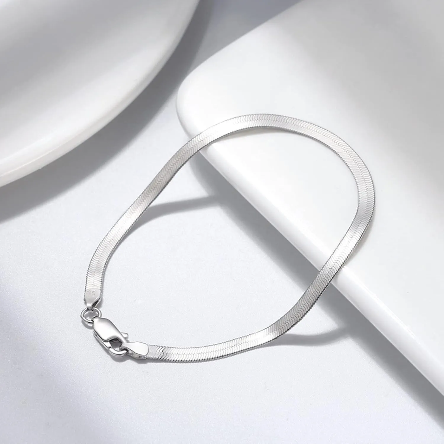 Platinum/Gold Plated 925 Sterling Silver Dainty Snake Bone Bracelet for Women, Tiny Sideways Cross Bracelets Layered Herringbone Chain Bracelet Handmade Jewelry Gift