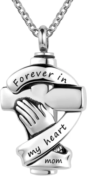 Praying Hands Urn Necklaces for Mom Dad Pet Ashes Crucifix Cremation Keepsake Memorial Pendant Jewelry Forever in My Heart