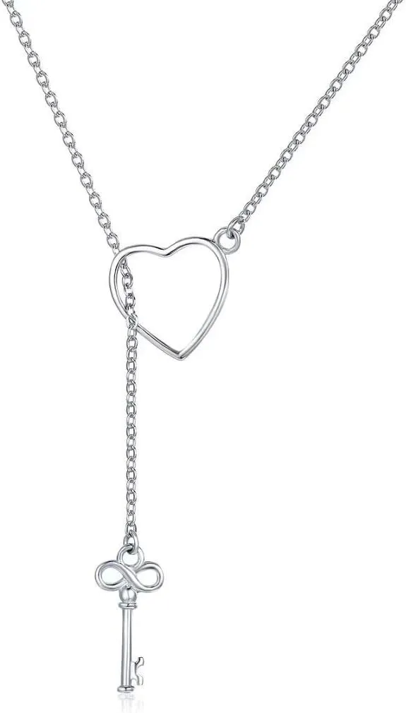 Presentski 925 Sterling Silver Y Lariat Necklace Chain Valentines Day Jewelry with Infinity Key Pendant,Love Heart Necklaces for Women Daughter