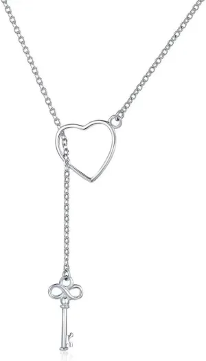Presentski 925 Sterling Silver Y Lariat Necklace Chain Valentines Day Jewelry with Infinity Key Pendant,Love Heart Necklaces for Women Daughter