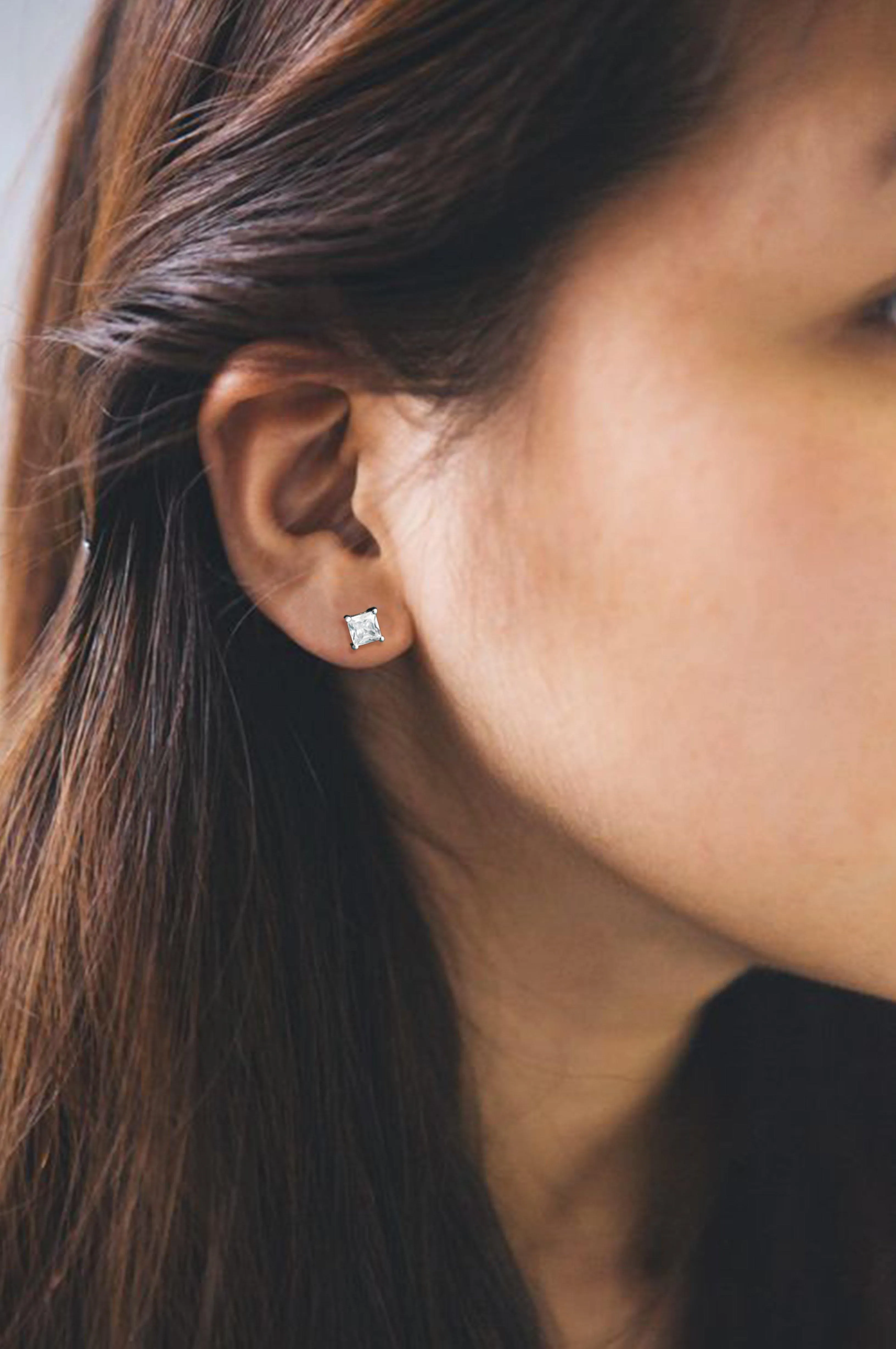 Princess Cut Solitaire Sterling Silver Stud Earrings