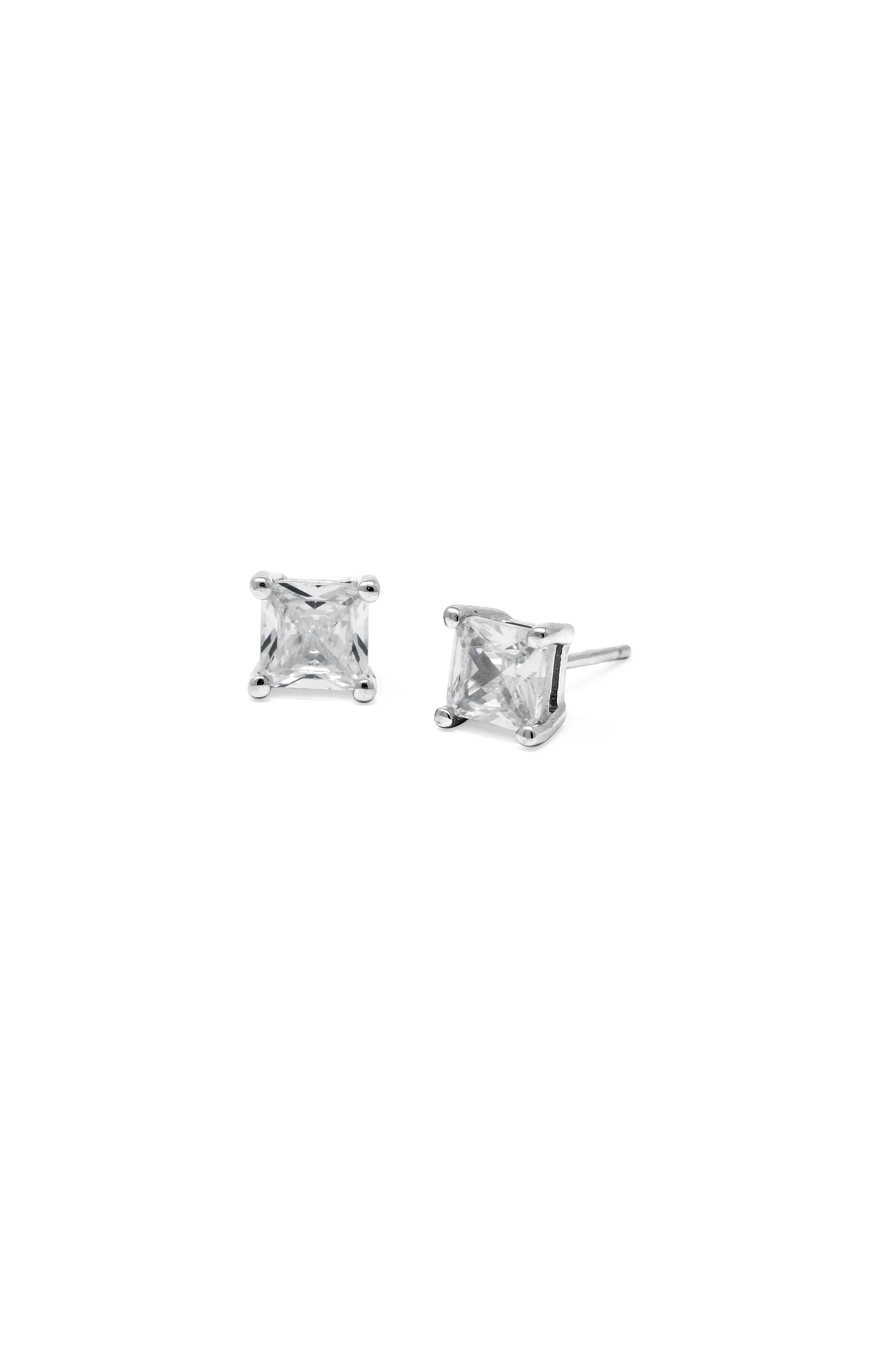 Princess Cut Solitaire Sterling Silver Stud Earrings