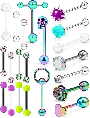 Prjndjw Tongue Rings 21Pcs 14G Surgical Steel Tongue Rings Teaser Double Barbell with Slave Ring Body Piercing Jewelry for Women Men, Skull/Flower/Heart/Clear CZ/Glitter Ball Closure