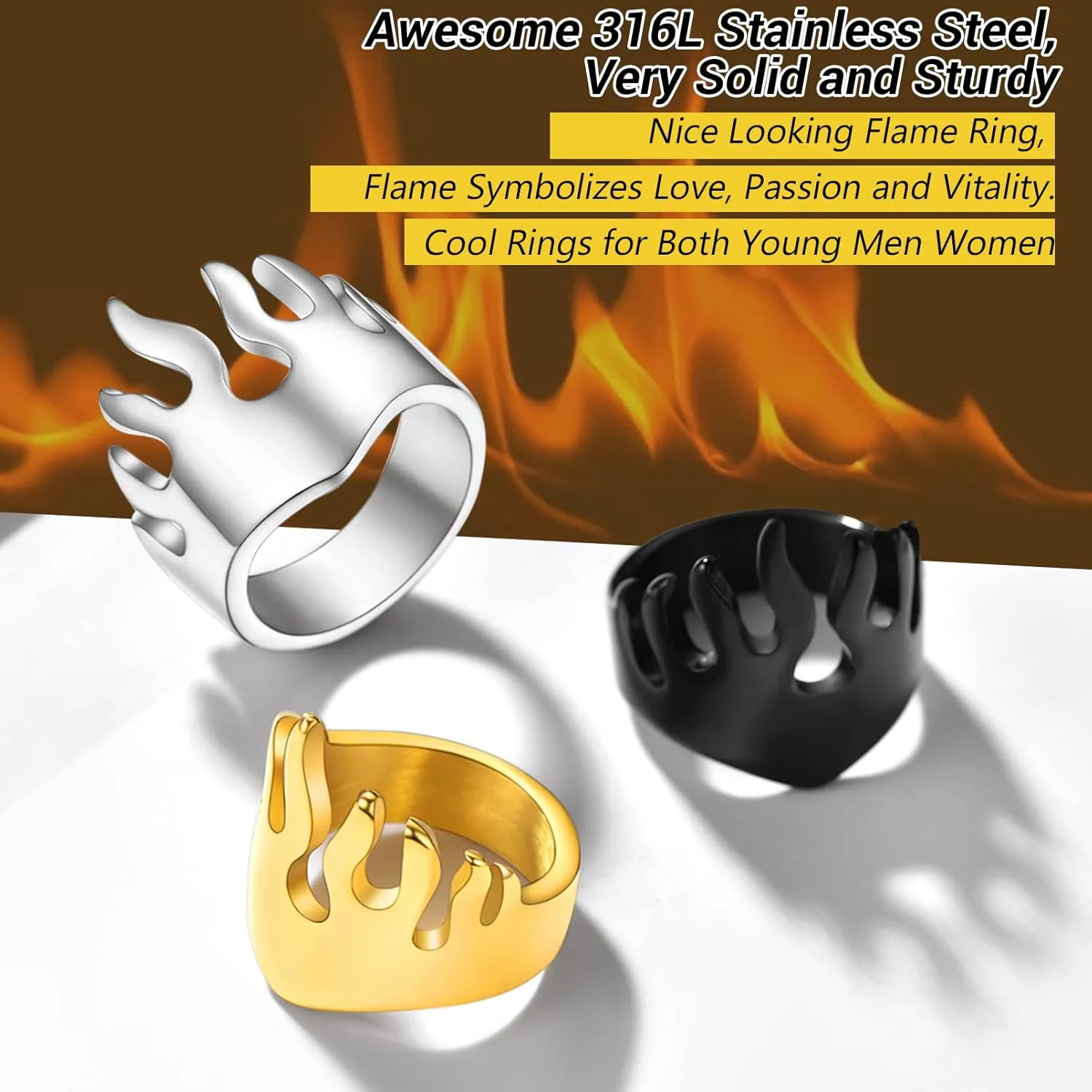 PROSTEEL Mens Cool Flame Rings 316L Stainless Steel Jewelry, Silver/Gold/Black Tone, Midi Finger Ring, Thumb Ring, Pinky Ring, Size 7-14, Come with Box