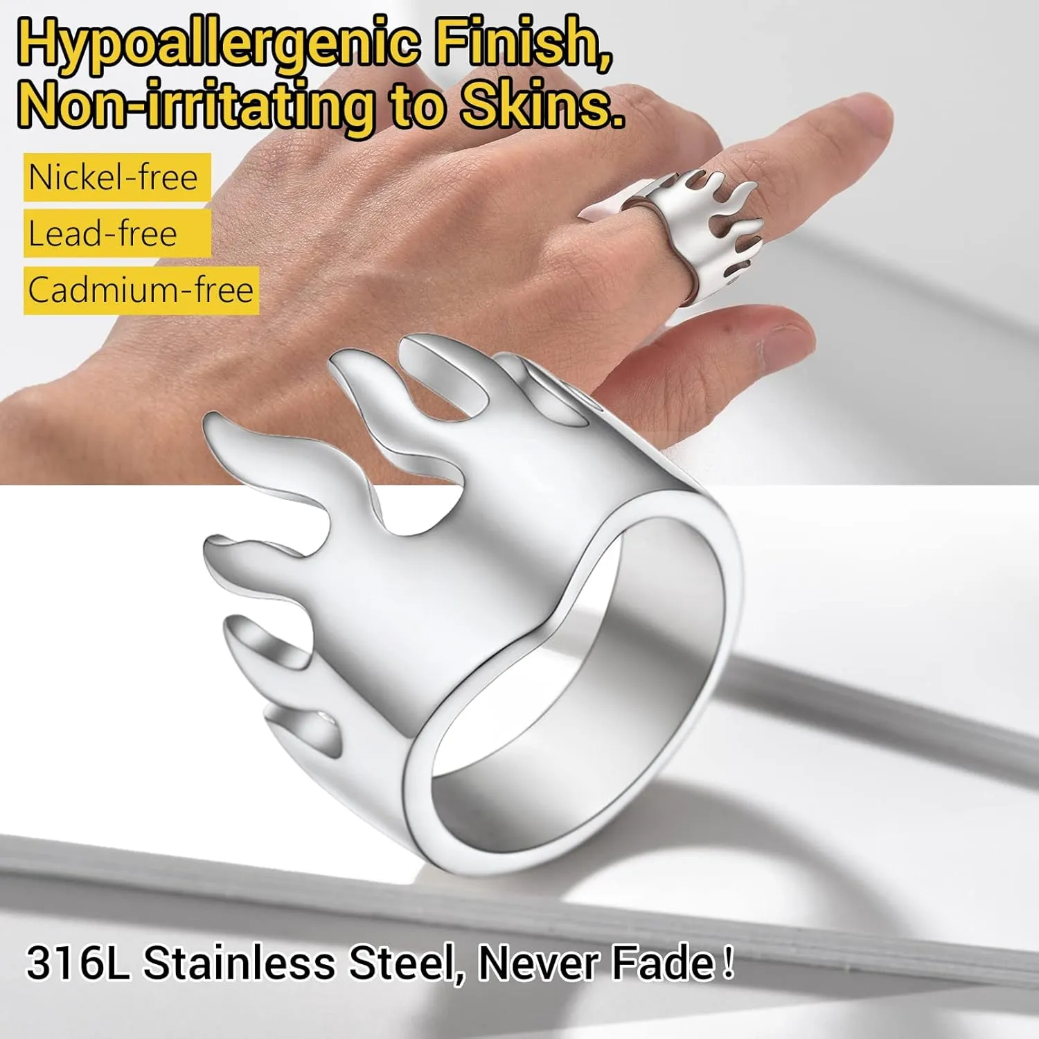 PROSTEEL Mens Cool Flame Rings 316L Stainless Steel Jewelry, Silver/Gold/Black Tone, Midi Finger Ring, Thumb Ring, Pinky Ring, Size 7-14, Come with Box