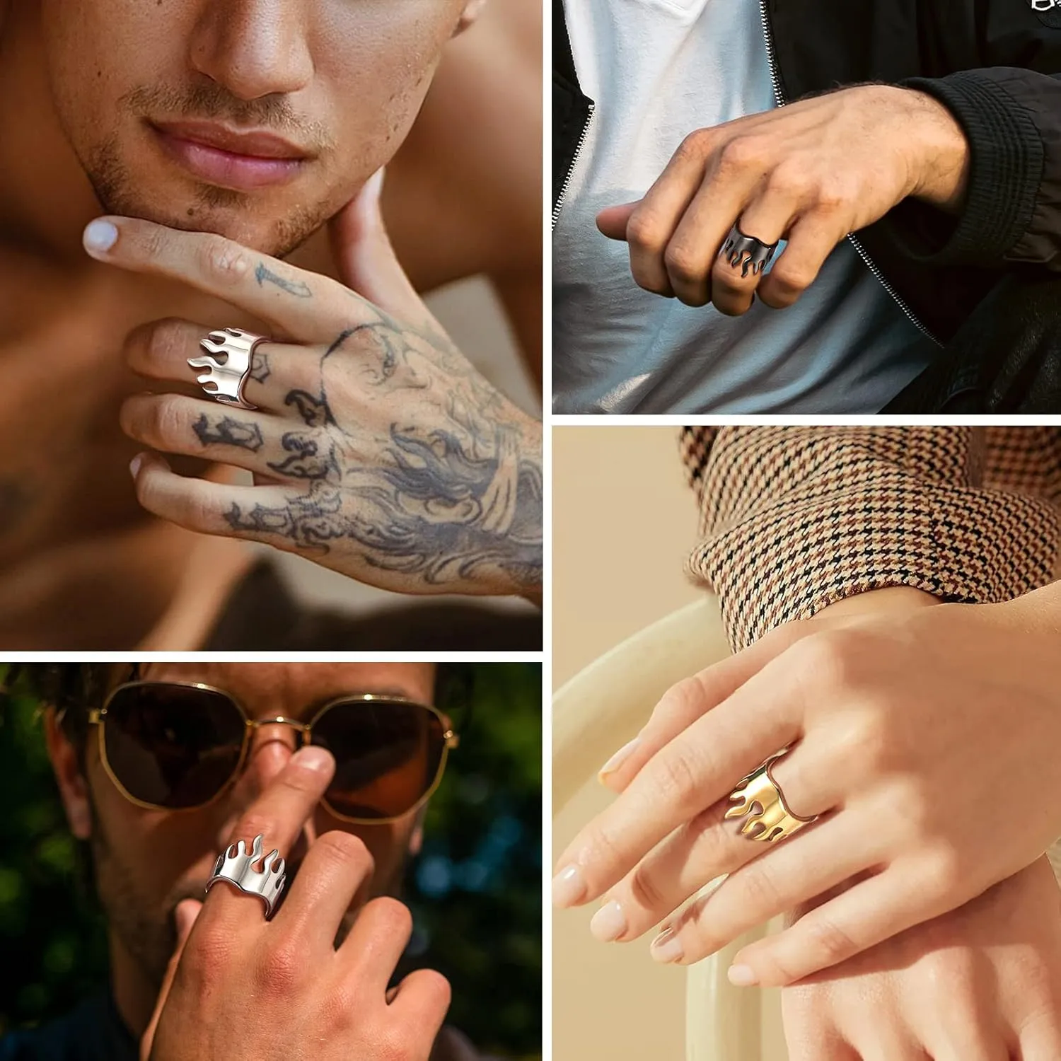 PROSTEEL Mens Cool Flame Rings 316L Stainless Steel Jewelry, Silver/Gold/Black Tone, Midi Finger Ring, Thumb Ring, Pinky Ring, Size 7-14, Come with Box