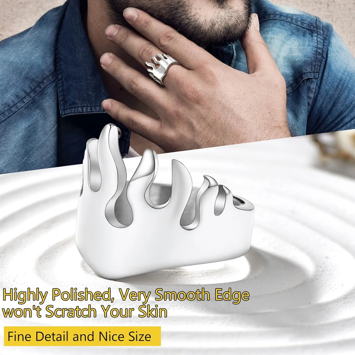 PROSTEEL Mens Cool Flame Rings 316L Stainless Steel Jewelry, Silver/Gold/Black Tone, Midi Finger Ring, Thumb Ring, Pinky Ring, Size 7-14, Come with Box