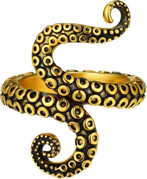 PROSTEEL Octopus Rings Aesthetic Grunge Vintage Punk Jewelry, Black/18K Gold Plated 316L Stainless Steel Ring For Men Women, Customize Words Available, Size 7-14, Come with Box