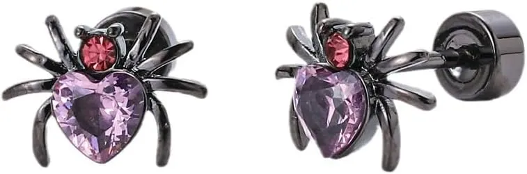 Punk CZ Spider Cartilage Tiny Stud Earrings Stainless Steel Pink Black Golden Plated Animal Crystal Love Heart Screw Flat Back Tragus Helix Studs Earring Cute Gothic Halloween Party Jewelry Gifts 18G
