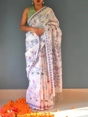 Pure Cotton Jamdani Saree Floral Motifs White
