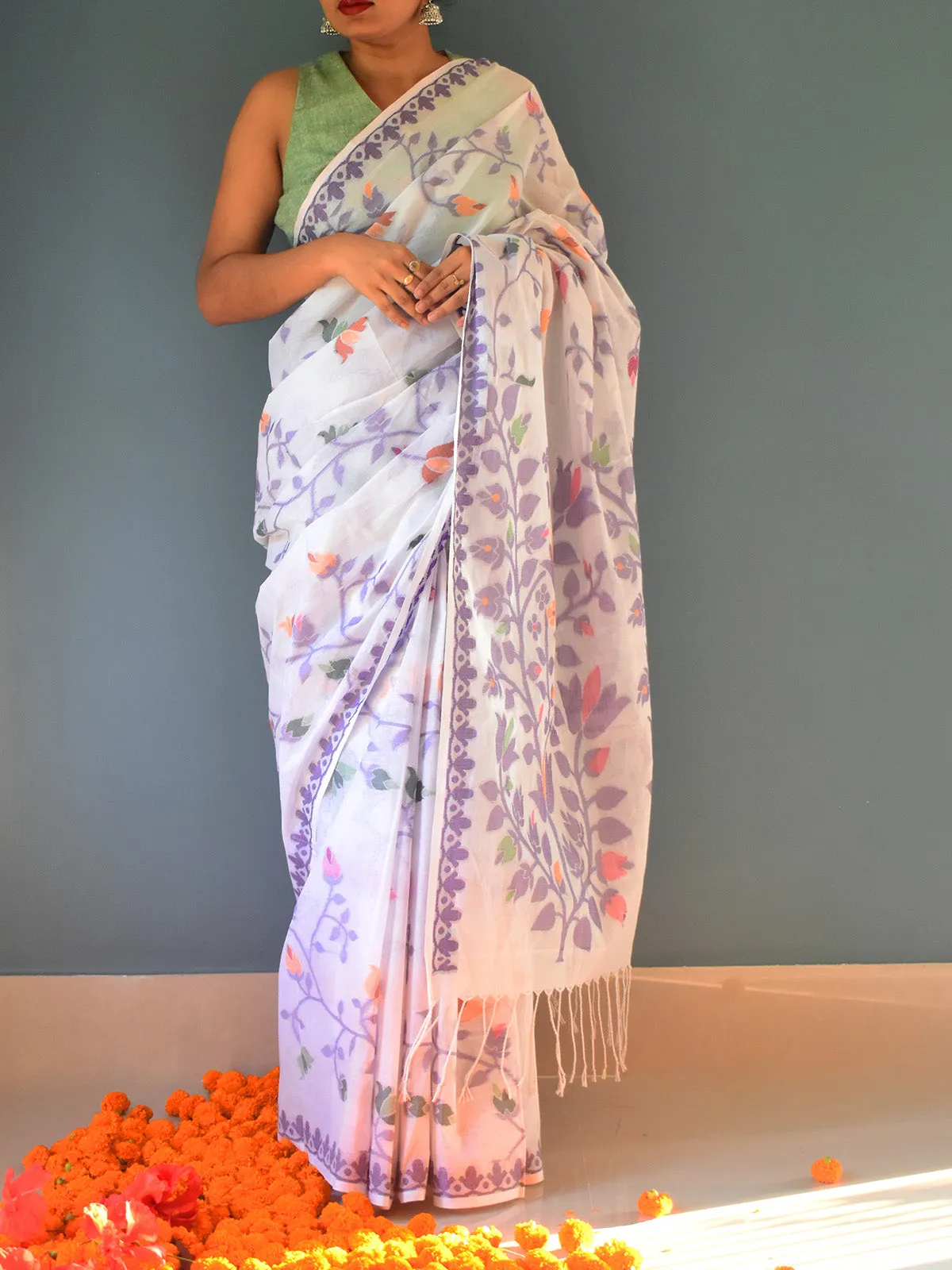 Pure Cotton Jamdani Saree Floral Motifs White
