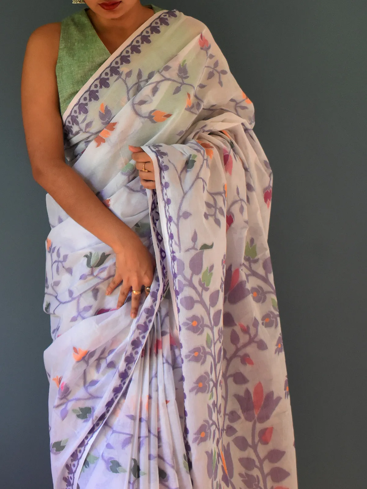 Pure Cotton Jamdani Saree Floral Motifs White