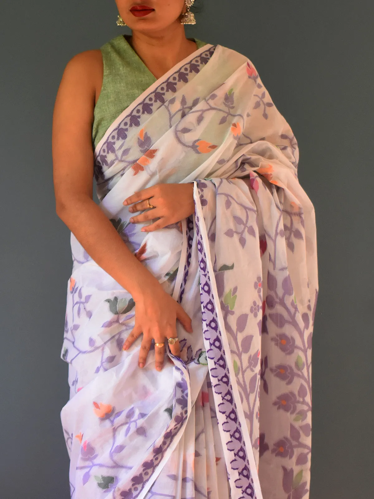 Pure Cotton Jamdani Saree Floral Motifs White