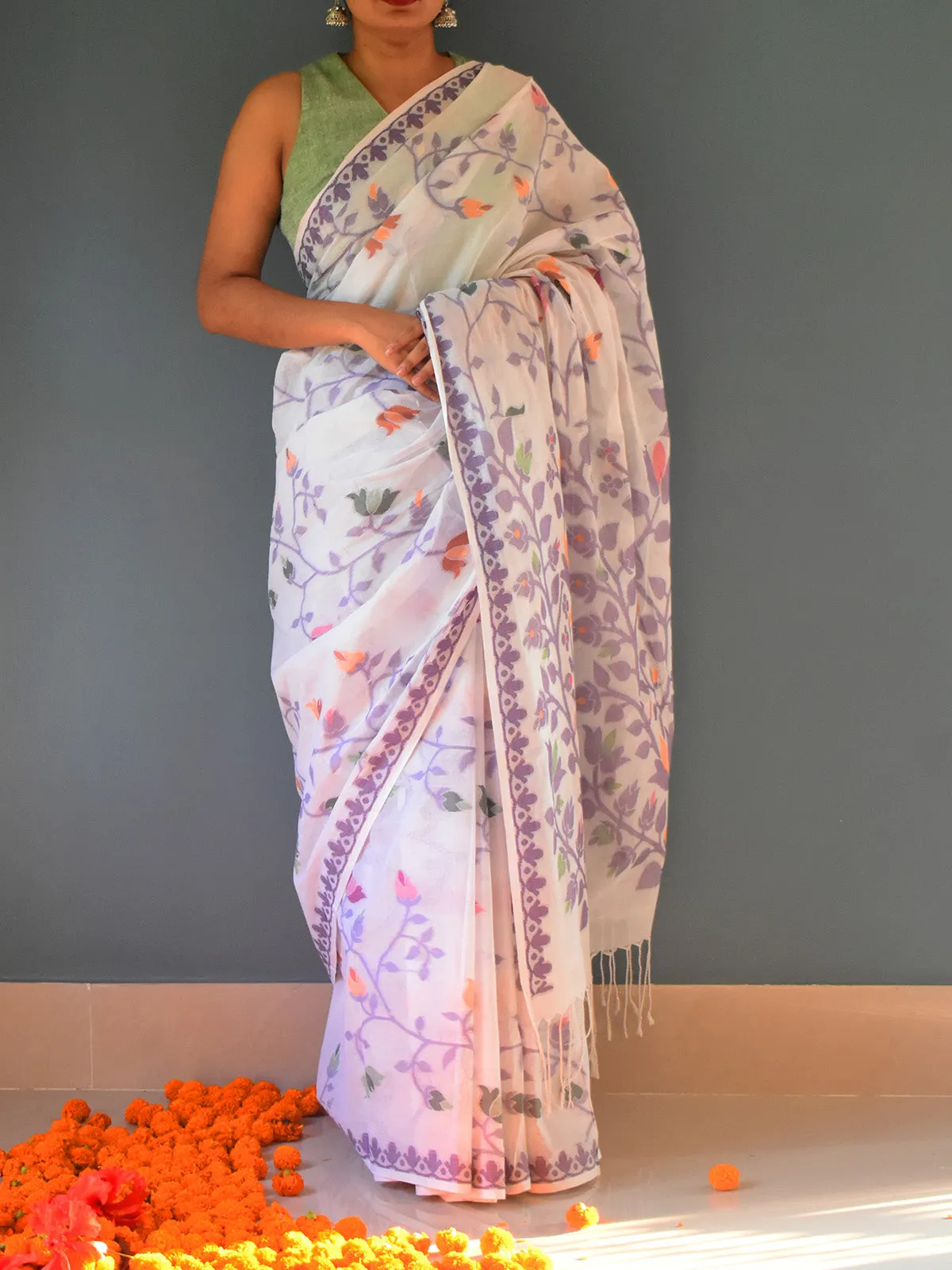 Pure Cotton Jamdani Saree Floral Motifs White