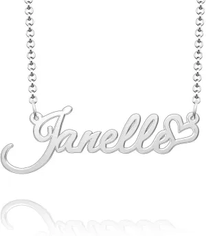 Q&Locket 925 Sterling Silver Heart Love Personalized Custom Name Necklace Script Initial Nameplate Necklaces Gifts for Womens Janelle