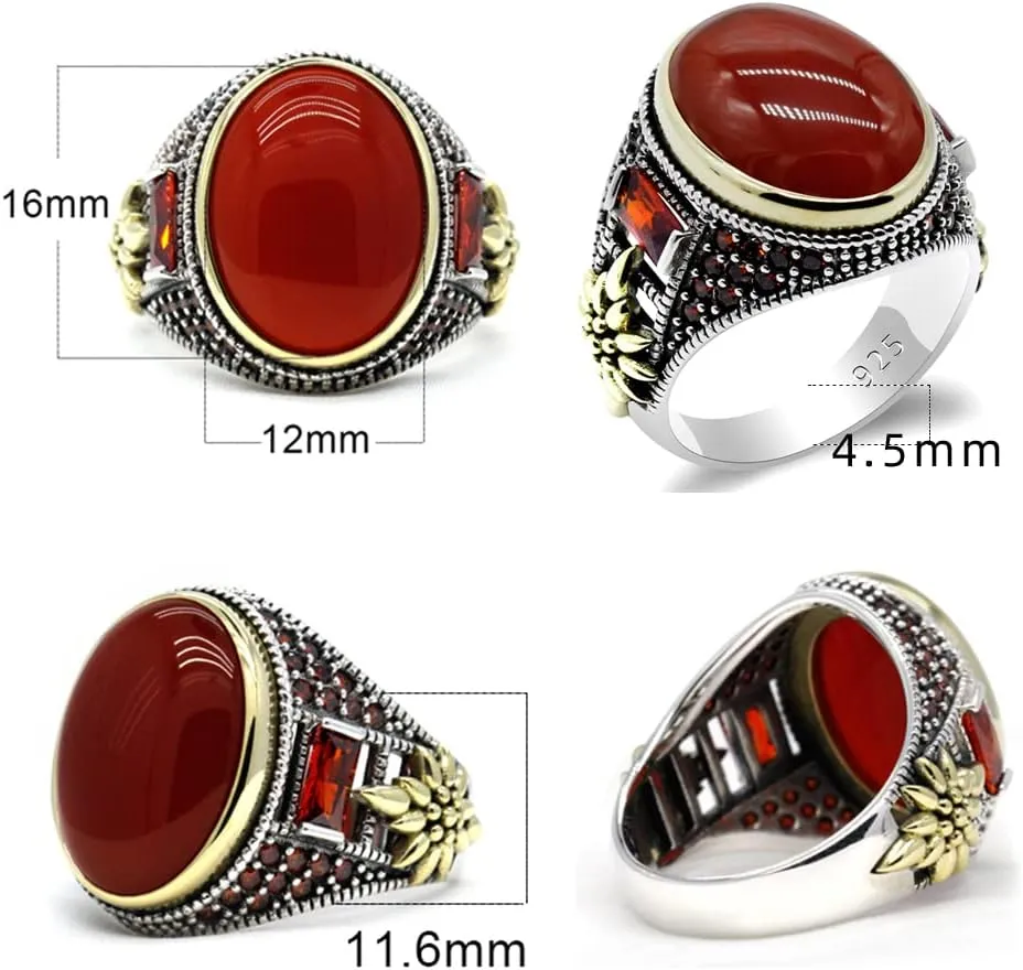 Qida Solid 925 Sterling Silver Ring for Men Onyx Stone Ring Turkish Handmade Agate Silver Luxury Vintage Men's Ring
