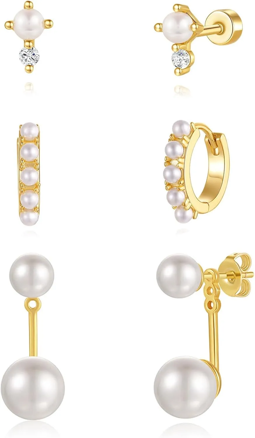 QUINBY Pearl Earring Set for Women, Dainty Hypoallergenic 14K Gold Plated Pearl Drop Earrings, Trendy Hoop Dangle Gold Earrings Stack for Sensitive Ears