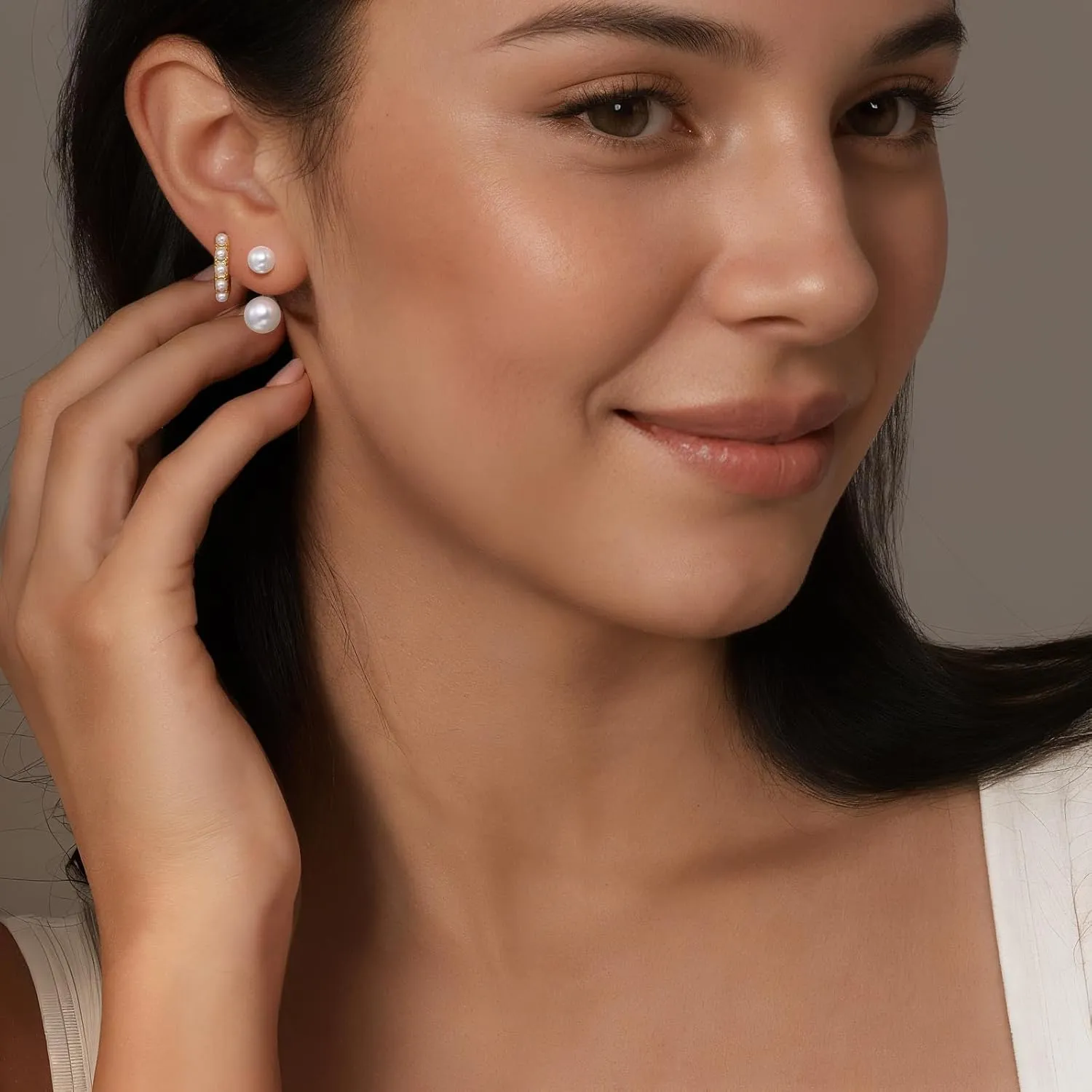 QUINBY Pearl Earring Set for Women, Dainty Hypoallergenic 14K Gold Plated Pearl Drop Earrings, Trendy Hoop Dangle Gold Earrings Stack for Sensitive Ears