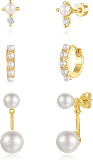 QUINBY Pearl Earring Set for Women, Dainty Hypoallergenic 14K Gold Plated Pearl Drop Earrings, Trendy Hoop Dangle Gold Earrings Stack for Sensitive Ears