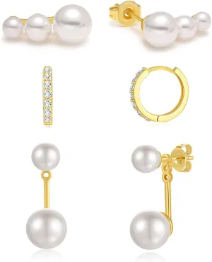 QUINBY Pearl Earring Set for Women, Dainty Hypoallergenic 14K Gold Plated Pearl Drop Earrings, Trendy Hoop Dangle Gold Earrings Stack for Sensitive Ears