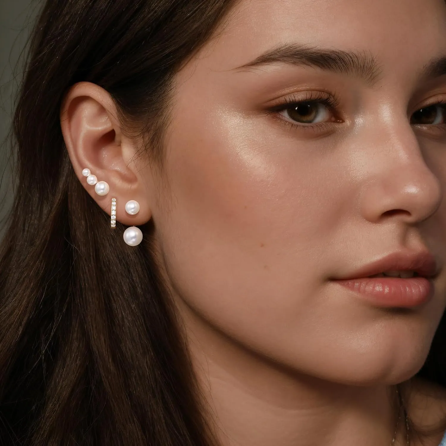 QUINBY Pearl Earring Set for Women, Dainty Hypoallergenic 14K Gold Plated Pearl Drop Earrings, Trendy Hoop Dangle Gold Earrings Stack for Sensitive Ears
