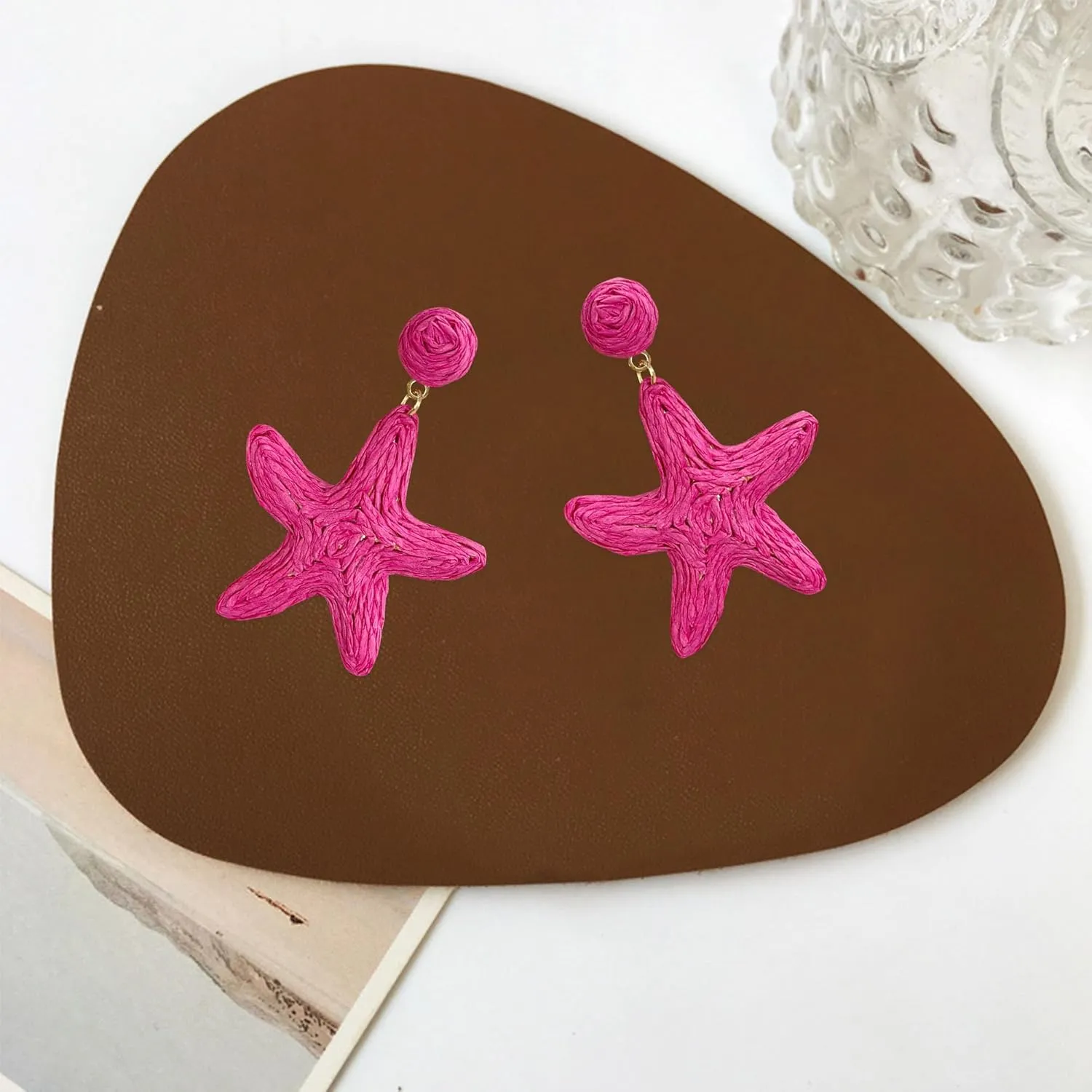 Raffia Starfish Earrings Raffia Straw Wrapped Starfish Drop Dangle Earrings Beach Earrings Summer Tropical Jewelry