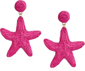 Raffia Starfish Earrings Raffia Straw Wrapped Starfish Drop Dangle Earrings Beach Earrings Summer Tropical Jewelry