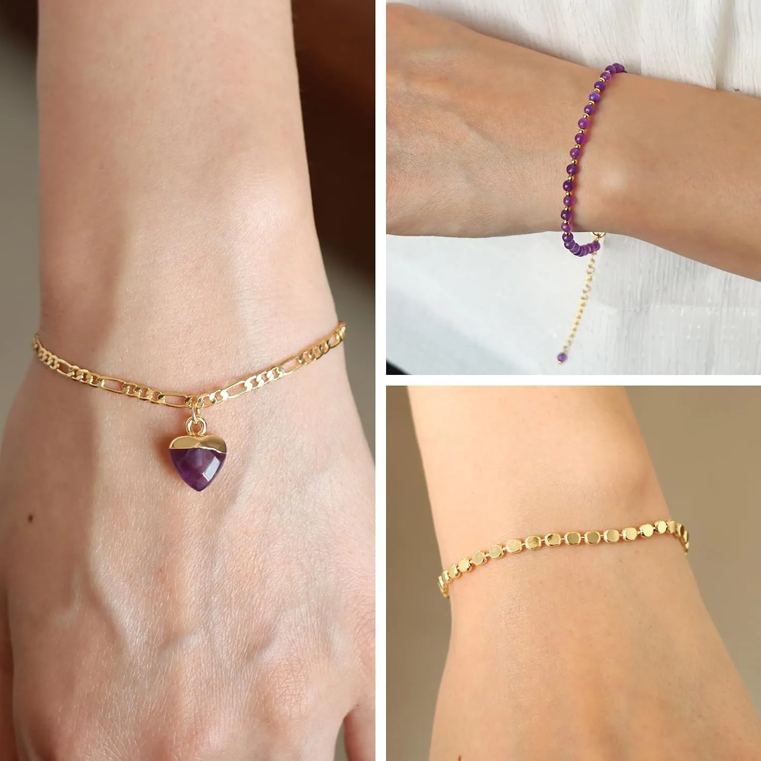 Raicegs Beaded Bracelets Set 18K Gold Stone Bracelet for Women Layered Crystal Bracelet 3mm Amethyst Turquoise Black Agate Beads Bracelet Adjustable Bracelet for Women Dainty Bracelet