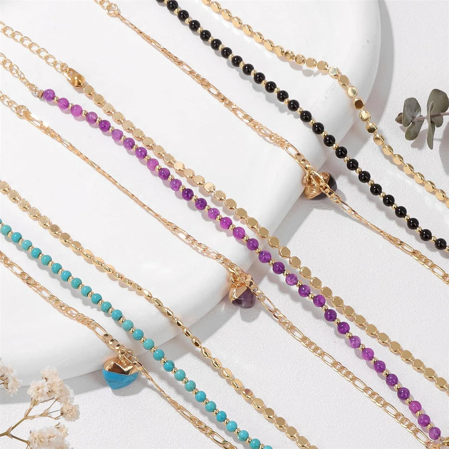 Raicegs Beaded Bracelets Set 18K Gold Stone Bracelet for Women Layered Crystal Bracelet 3mm Amethyst Turquoise Black Agate Beads Bracelet Adjustable Bracelet for Women Dainty Bracelet