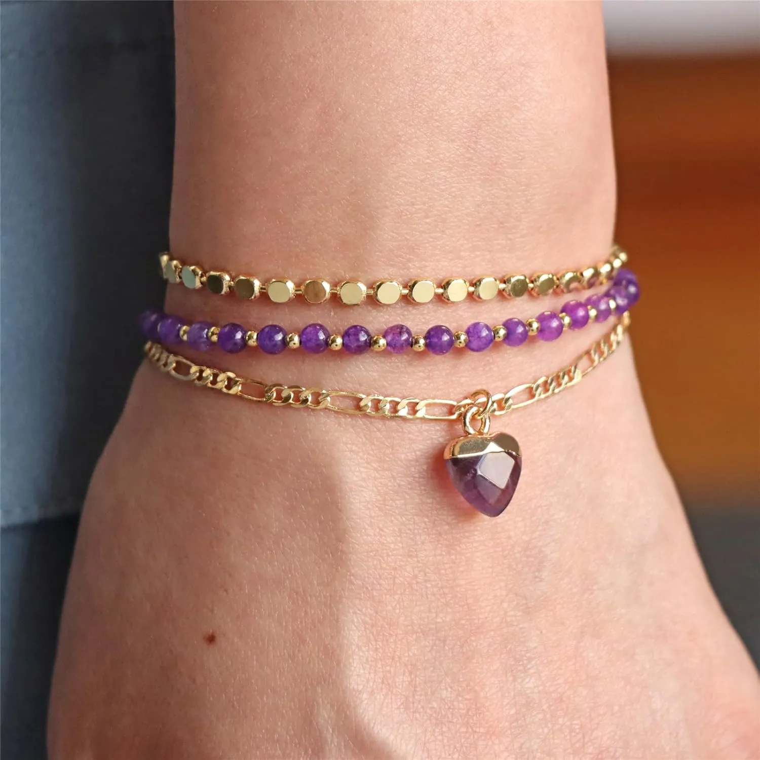 Raicegs Beaded Bracelets Set 18K Gold Stone Bracelet for Women Layered Crystal Bracelet 3mm Amethyst Turquoise Black Agate Beads Bracelet Adjustable Bracelet for Women Dainty Bracelet