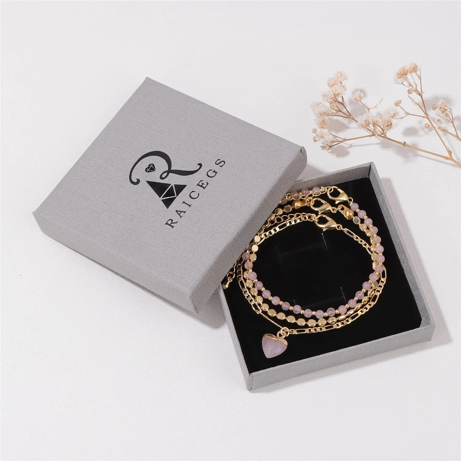 Raicegs Beaded Bracelets Set 18K Gold Stone Bracelet for Women Layered Crystal Bracelet 3mm Amethyst Turquoise Black Agate Beads Bracelet Adjustable Bracelet for Women Dainty Bracelet