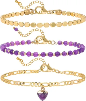 Raicegs Beaded Bracelets Set 18K Gold Stone Bracelet for Women Layered Crystal Bracelet 3mm Amethyst Turquoise Black Agate Beads Bracelet Adjustable Bracelet for Women Dainty Bracelet