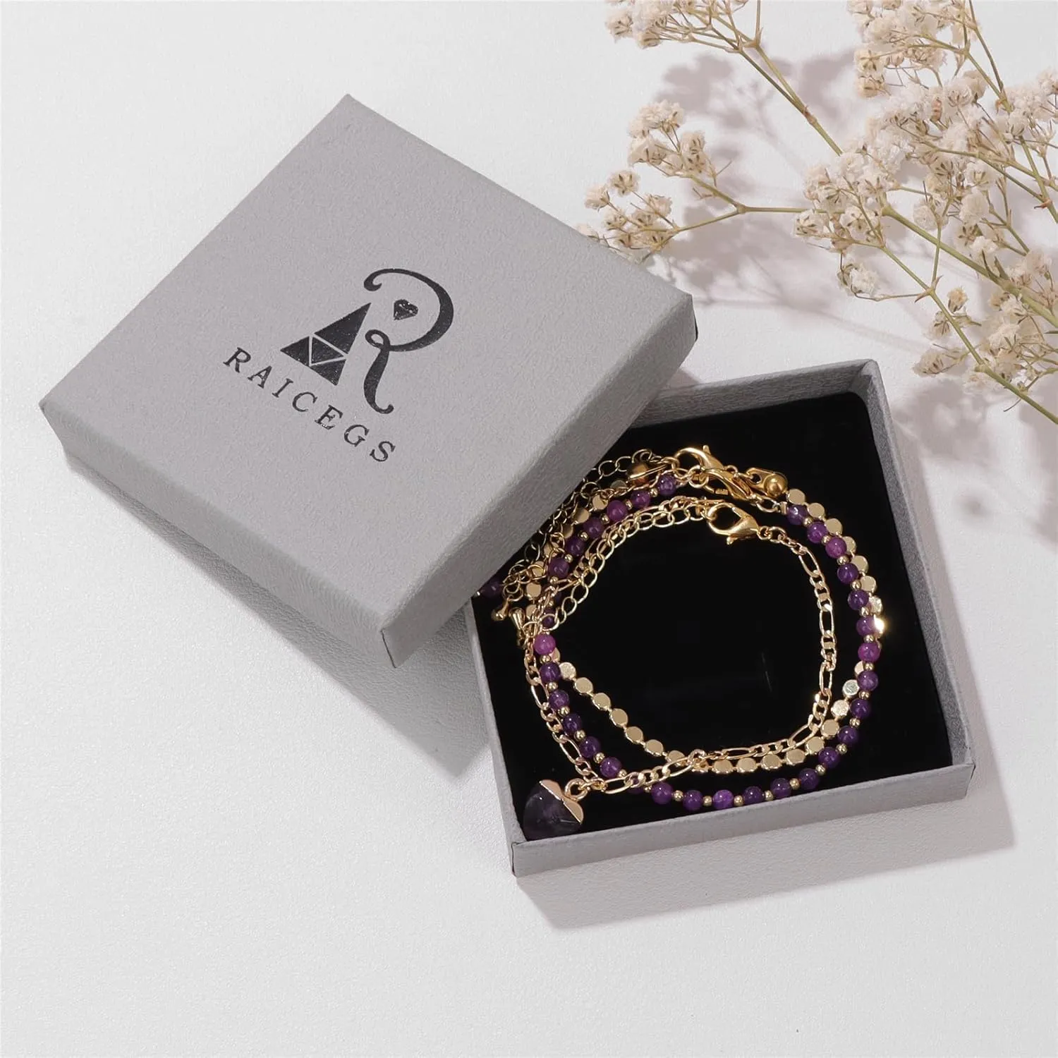 Raicegs Beaded Bracelets Set 18K Gold Stone Bracelet for Women Layered Crystal Bracelet 3mm Amethyst Turquoise Black Agate Beads Bracelet Adjustable Bracelet for Women Dainty Bracelet