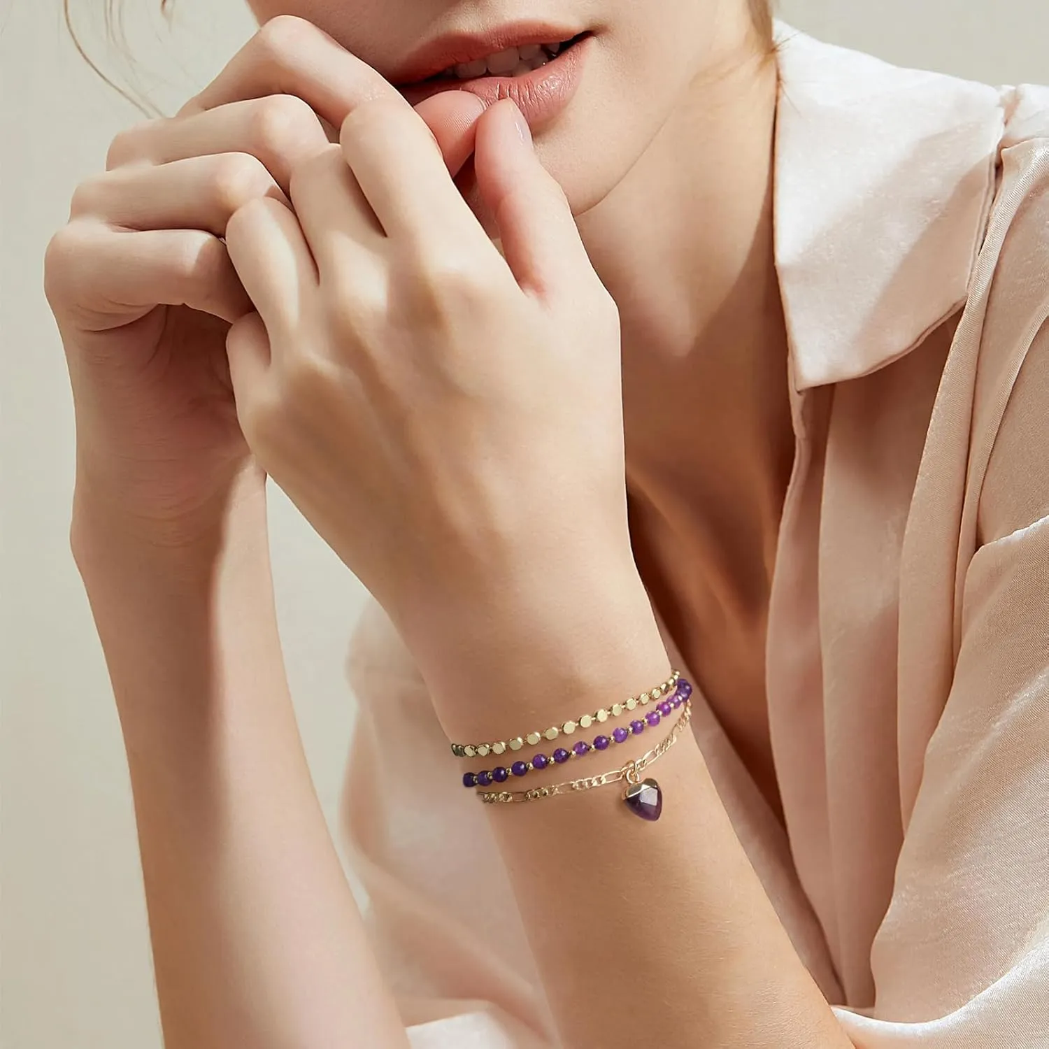Raicegs Beaded Bracelets Set 18K Gold Stone Bracelet for Women Layered Crystal Bracelet 3mm Amethyst Turquoise Black Agate Beads Bracelet Adjustable Bracelet for Women Dainty Bracelet