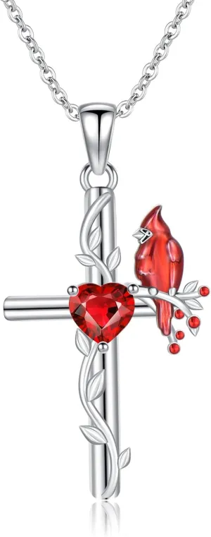 Red Cardinal Bird Necklace for Women Garnet 925 Sterling Silver Cardinal Cross Pendant Ladies Necklaces Jewelry Easter Gifts for Mom