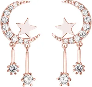 Reffeer 925 Sterling Silver Crescent Moon Star Earrings Studs for Women Teens CZ Moon Studs Earrings Star Tassel Earrings